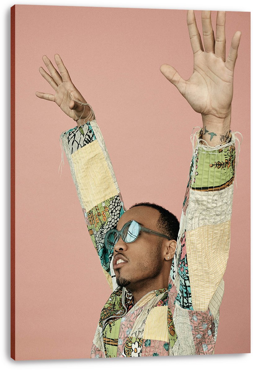 Anderson .Paak canvas wall art print featuring raised hands, reflective blue sunglasses, and a multicolored patchwork jacket on pink.