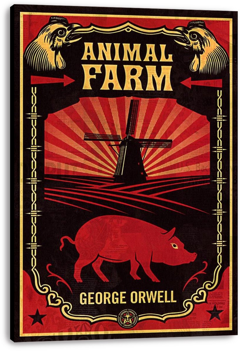 Animal Farm canvas wall art print with a red pig and windmill against sunburst fields, presented on a deep black canvas edge.