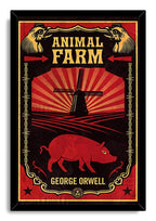 Animal Farm framed wall art print in a black frame, featuring gold title text, a red pig, windmill, and red sunburst design.