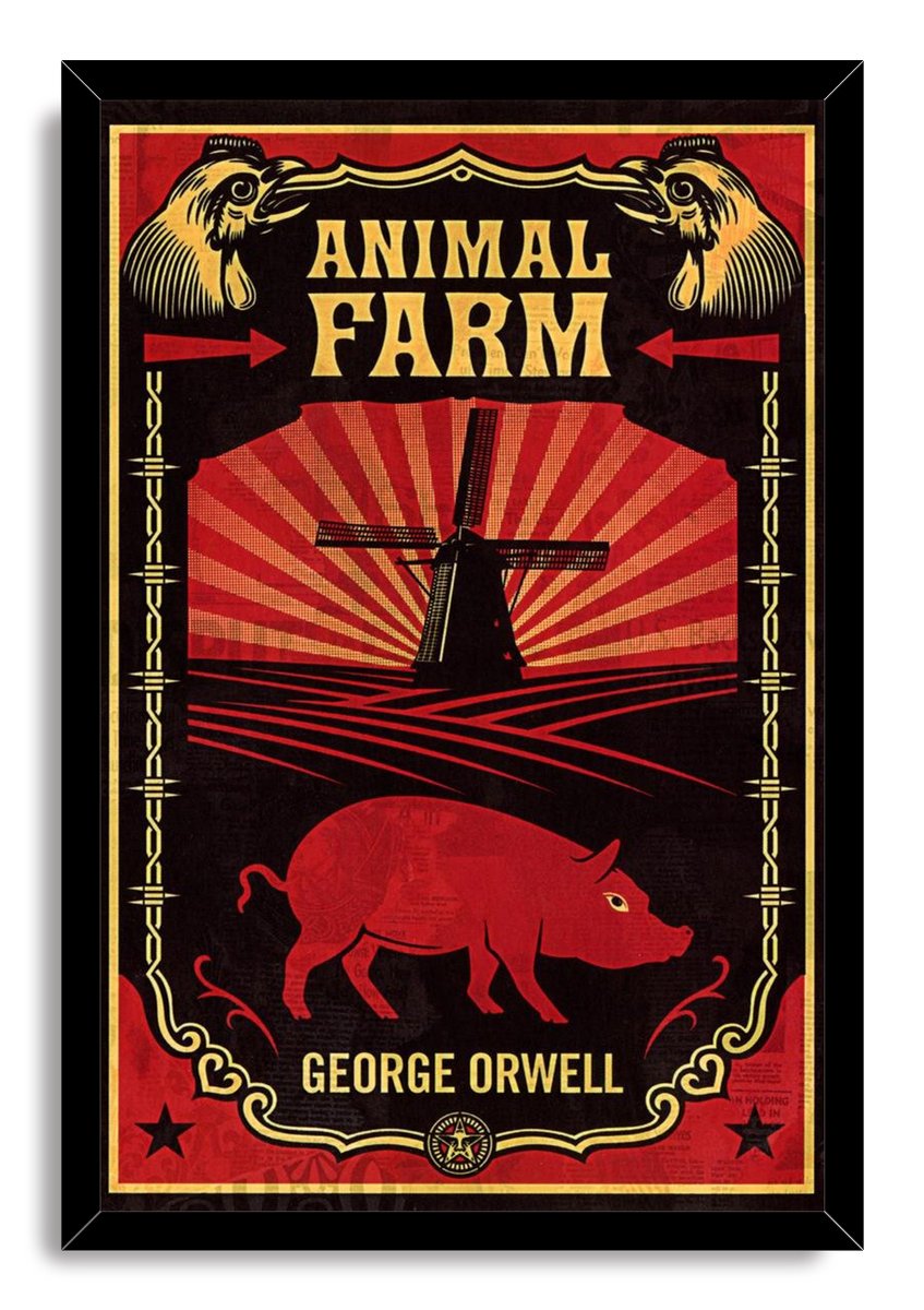 Animal Farm framed wall art print in a black frame, featuring gold title text, a red pig, windmill, and red sunburst design.