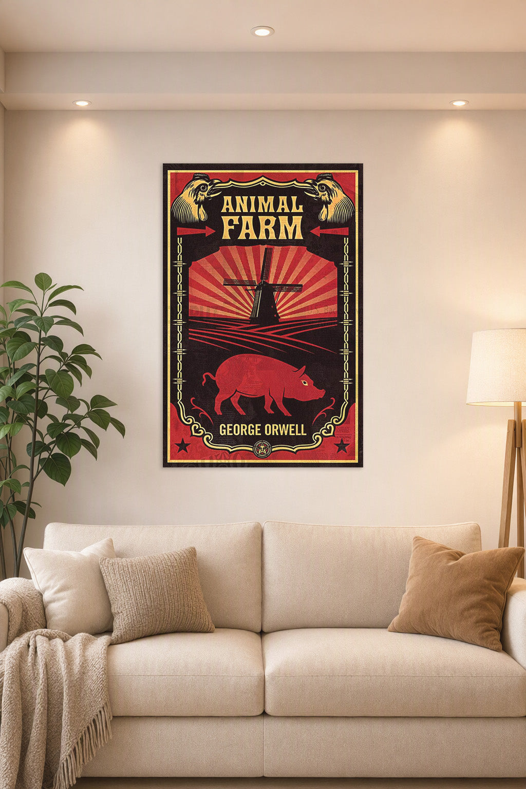 Animal Farm in a bright living room above a beige sofa.
