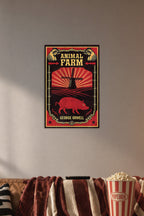 Animal Farm in a cozy movie room above a brown sofa with popcorn.