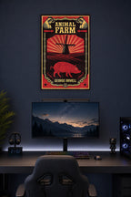 Animal Farm in a gaming desk setup above a monitor.