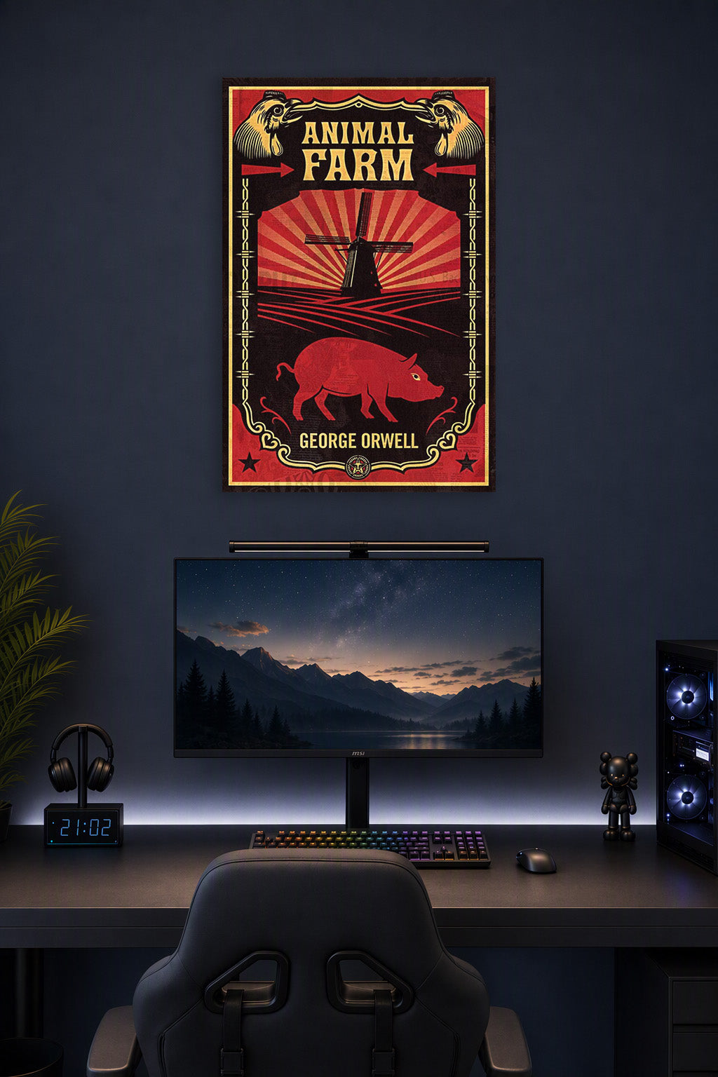 Animal Farm in a gaming desk setup above a monitor.