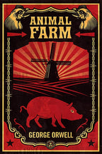Animal Farm poster featuring a red pig, black windmill, radiating red field, gold lettering, and ornate black border.