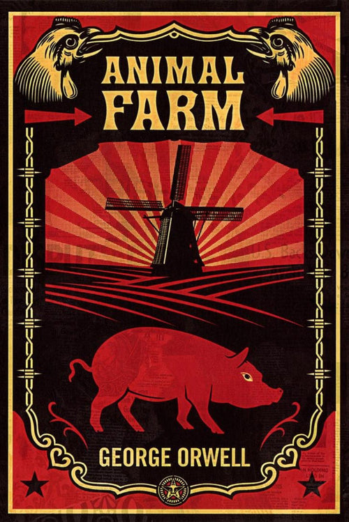 Animal Farm poster featuring a red pig, black windmill, radiating red field, gold lettering, and ornate black border.