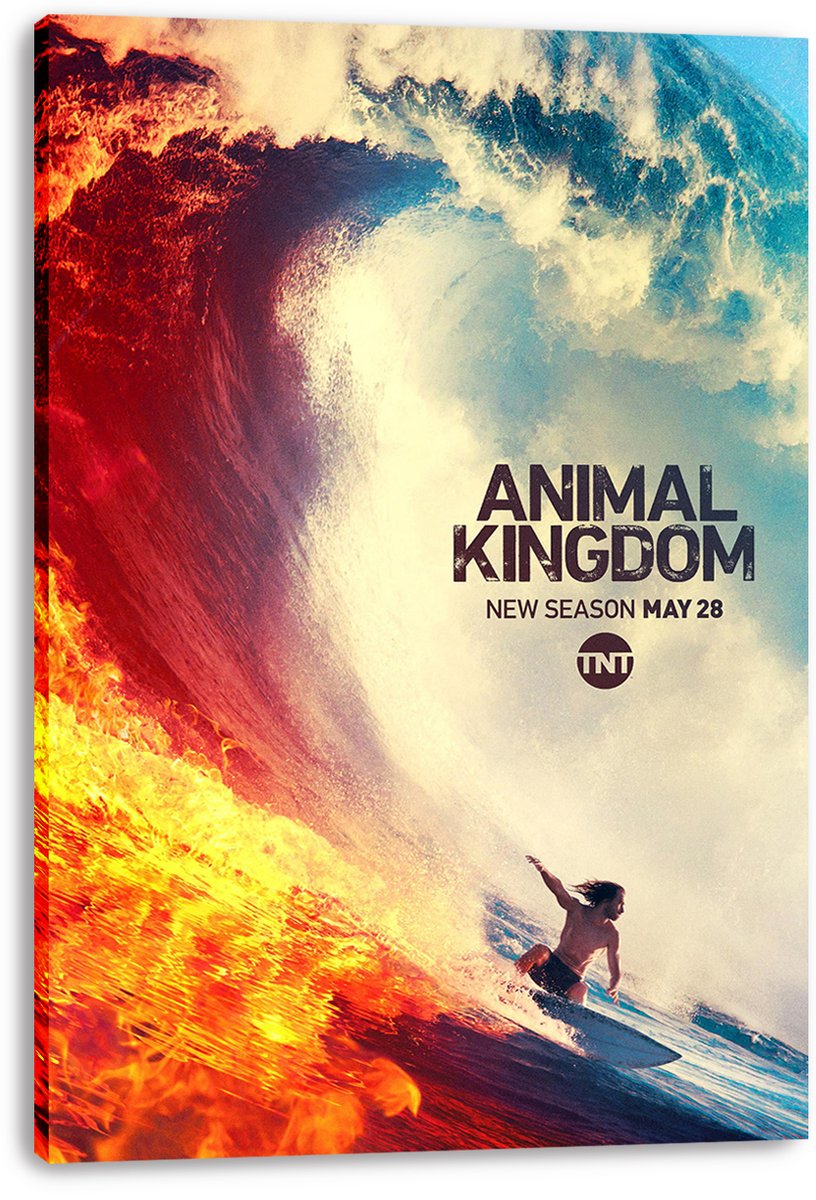 Animal Kingdom canvas wall art print presents a surfer on a board beneath a giant wave with flames in orange and blue sea.