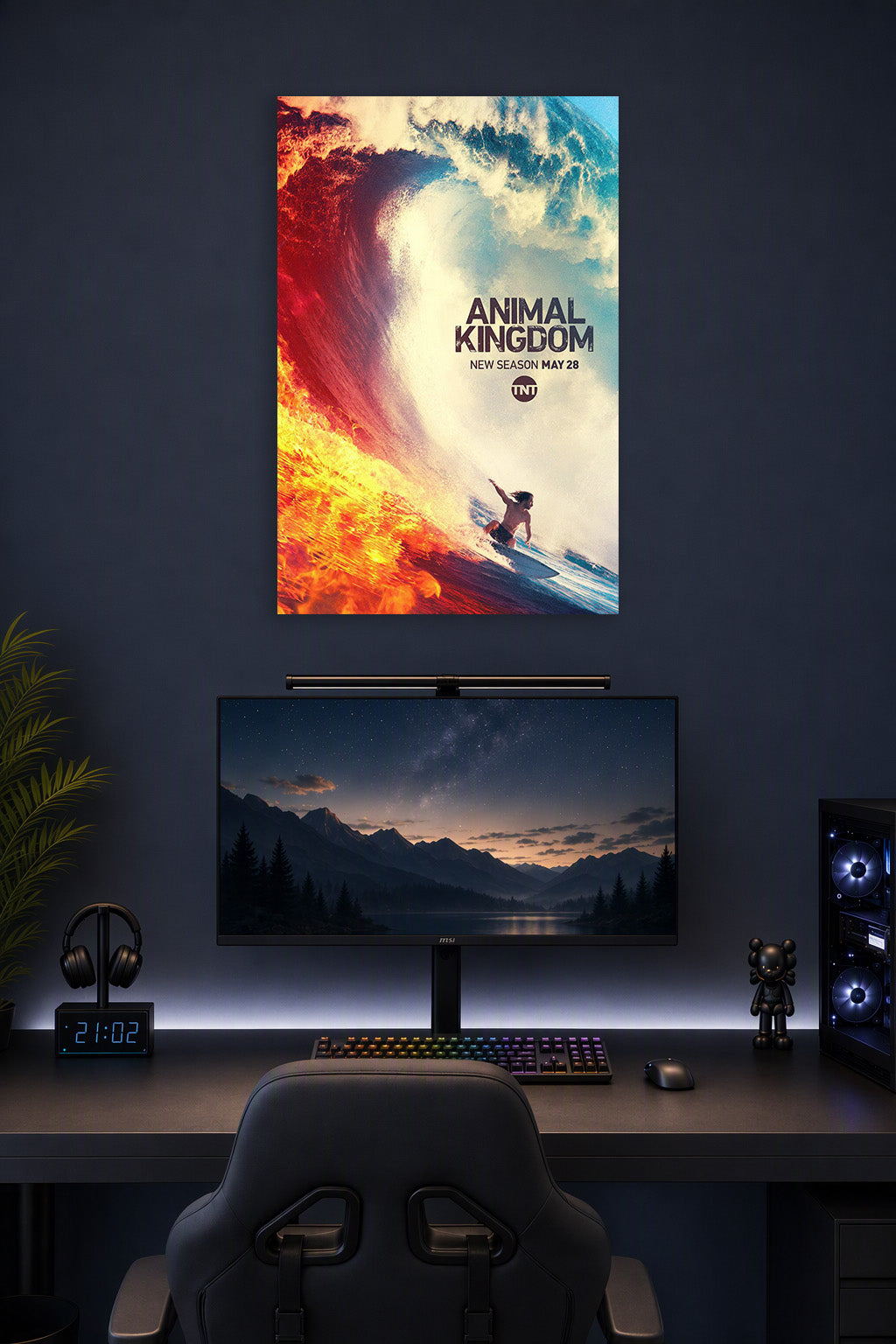 Animal Kingdom Fire and Water Wave Surfer in a gaming desk setup above a monitor.