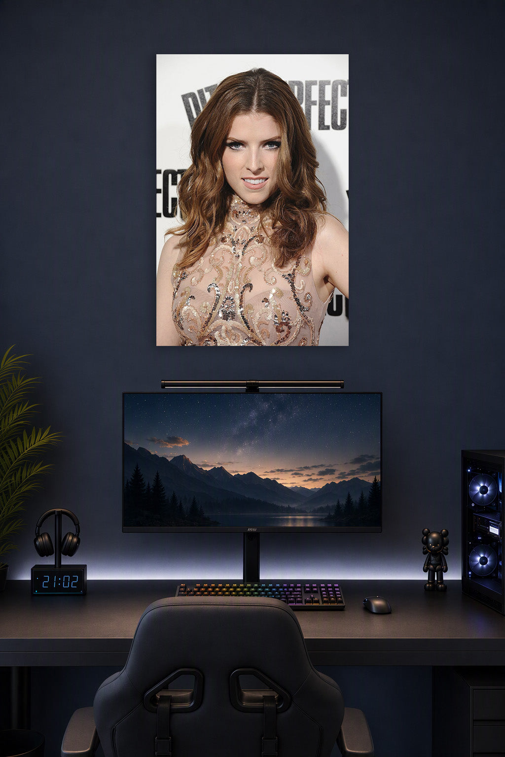 Anna Kendrick in a gaming desk setup above a monitor.