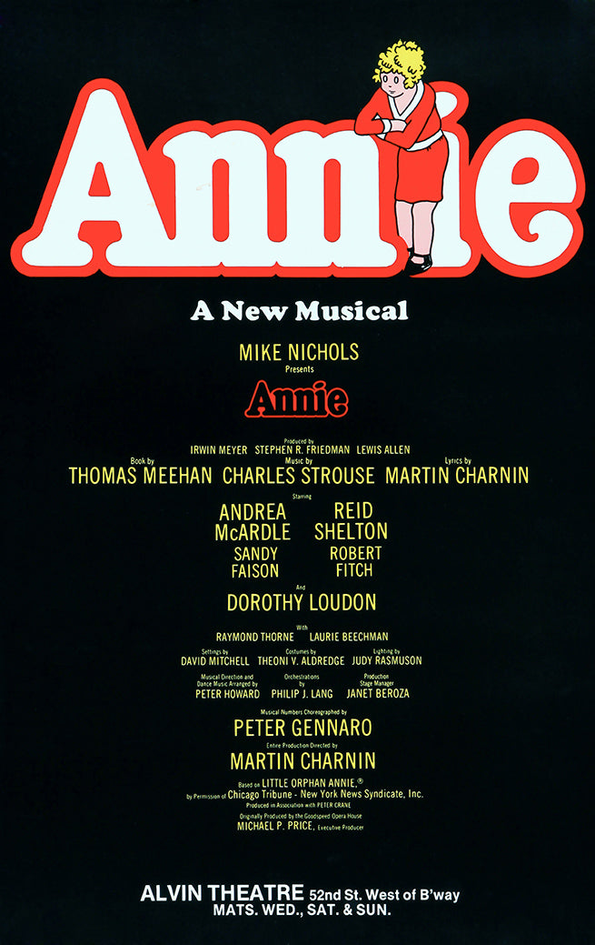 Annie musical poster with oversized white and red title lettering, a curly-haired girl in red, and yellow theater credits on black.