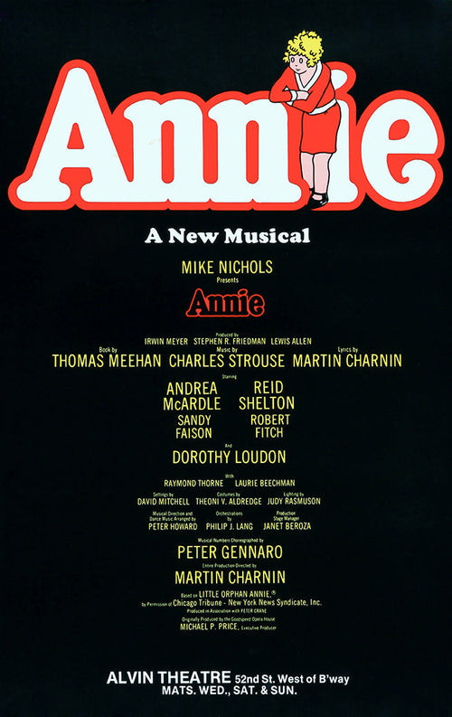 Annie musical poster with oversized white and red title lettering, a curly-haired girl in red, and yellow theater credits on black.