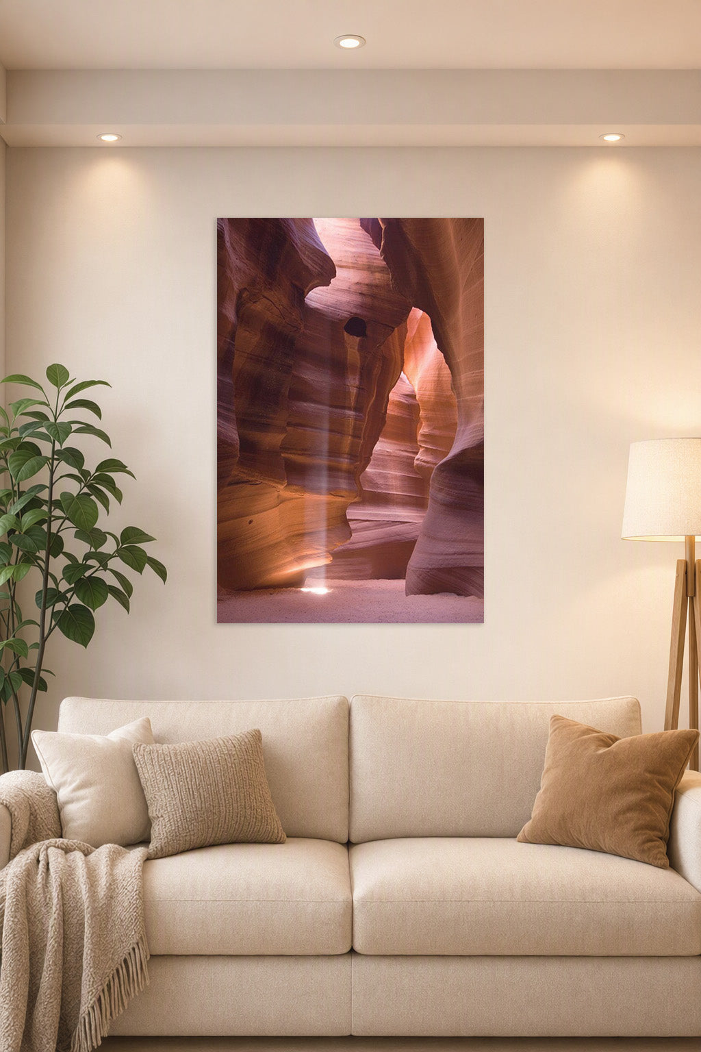 Antelope Canyon in a bright living room above a beige sofa.