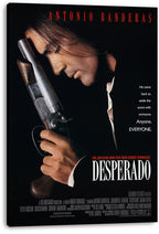 Desperado canvas wall art print featuring Antonio Banderas in profile gripping a shotgun, with bold white title text on black.