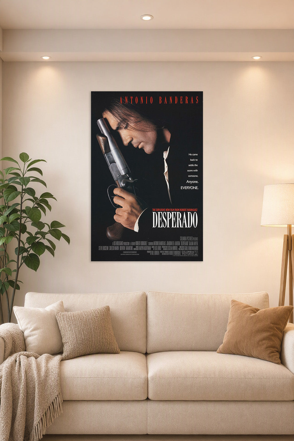 Antonio Banderas Desperado in a bright living room above a beige sofa.