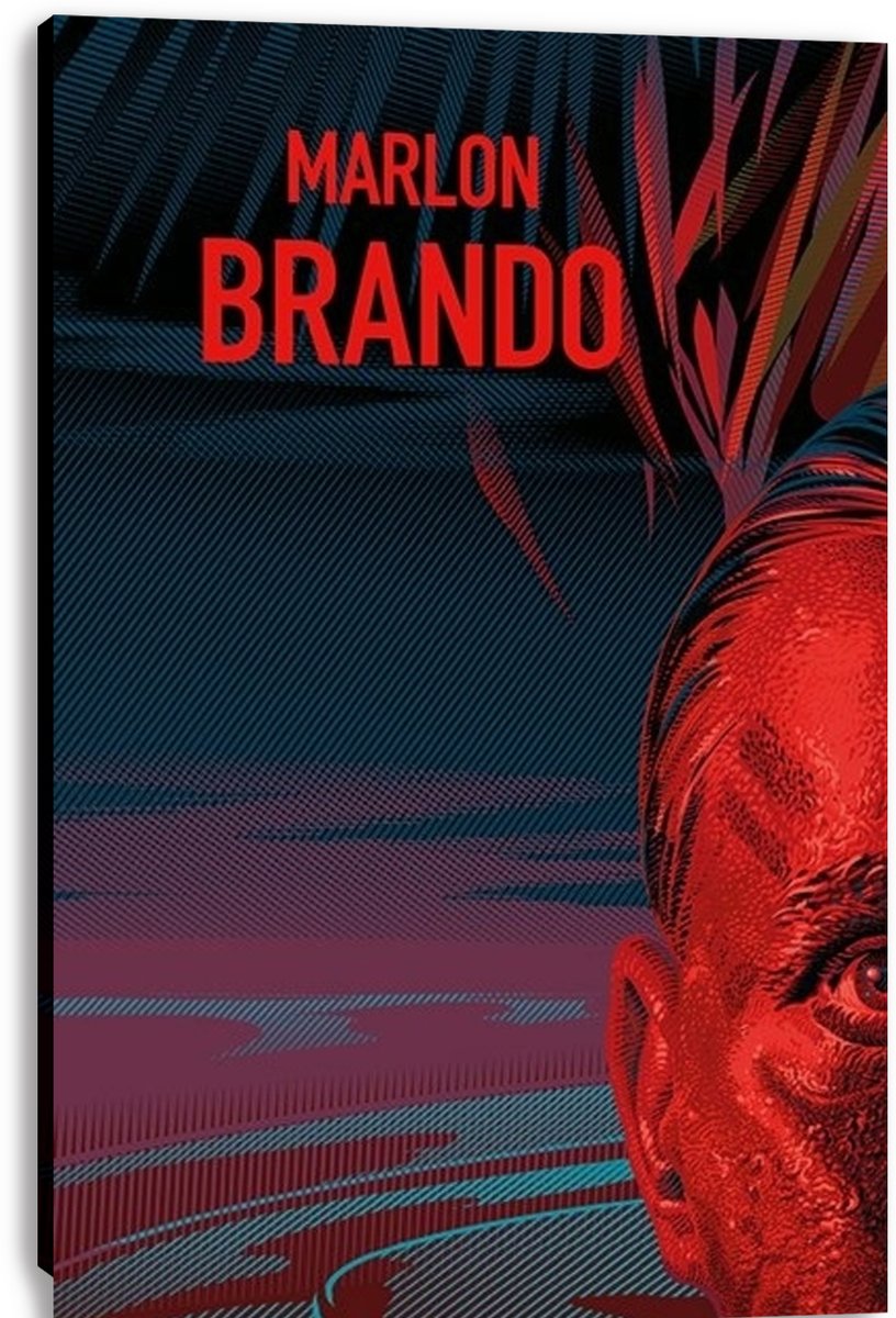 Apocalypse Now wall art print on canvas shows a close red-lit male face, teal water ripples, foliage, and Marlon Brando text.