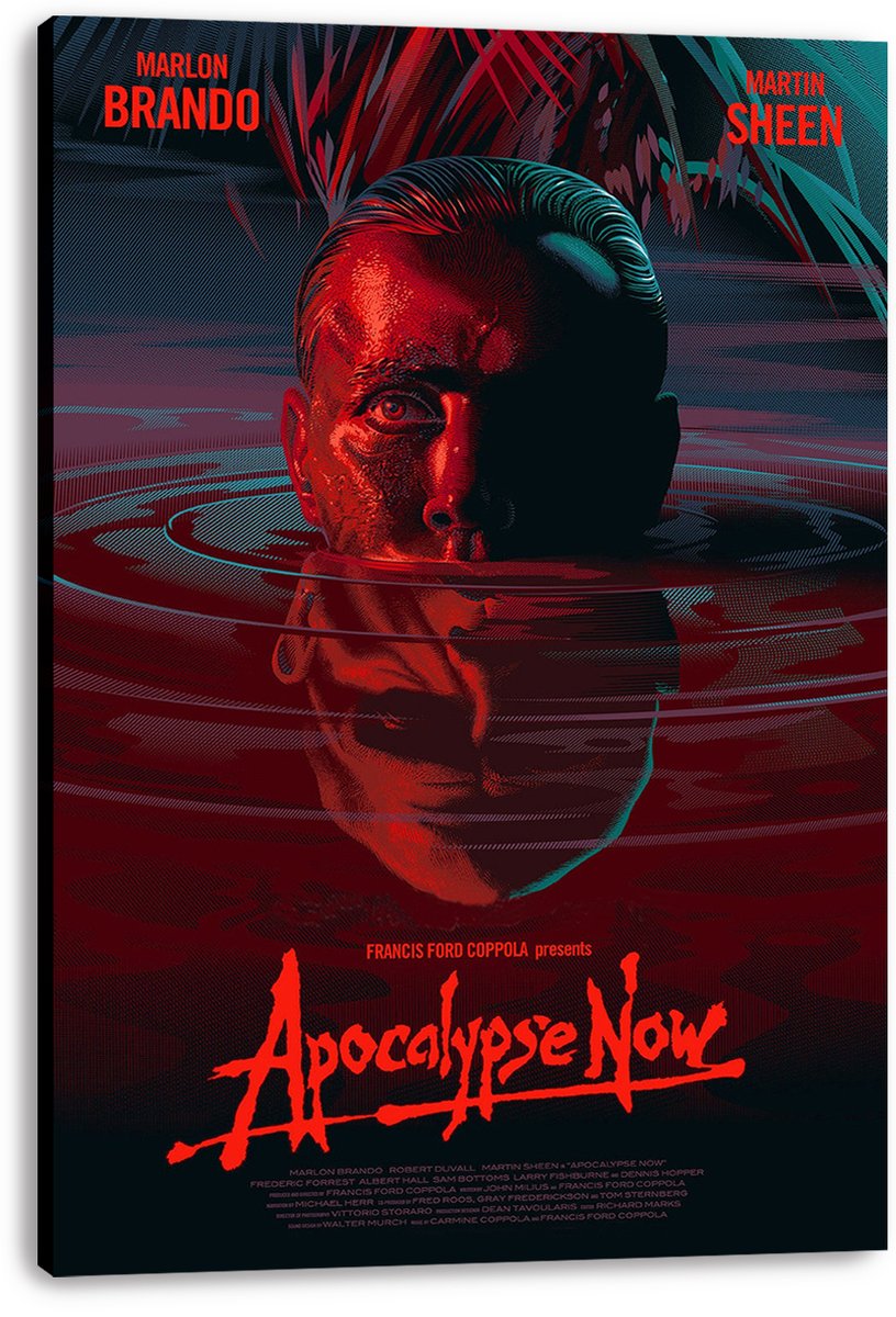 Apocalypse Now canvas wall art print displays a red and teal submerged male portrait, with a visible black canvas edge.