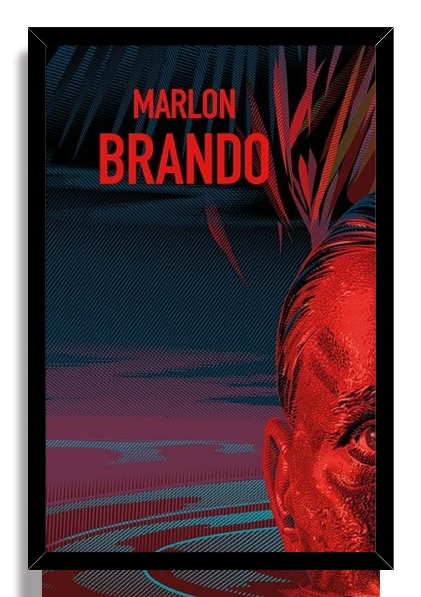Apocalypse Now framed wall art print presents a cropped red-lit male portrait beside rippling teal water and bold Marlon Brando lettering.