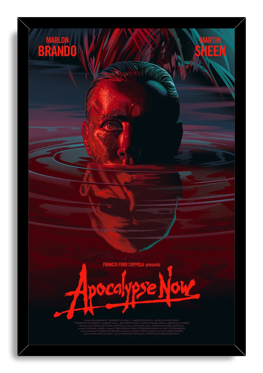 Apocalypse Now framed wall art print features a half-submerged red-lit man's face amid teal ripples in a black frame.
