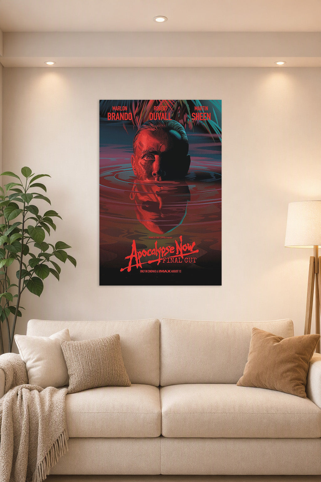 Apocalypse Now Movie Poster in a bright living room above a beige sofa.