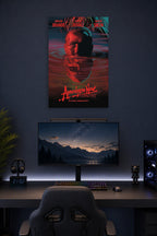 Apocalypse Now Movie Poster in a gaming desk setup above a monitor.