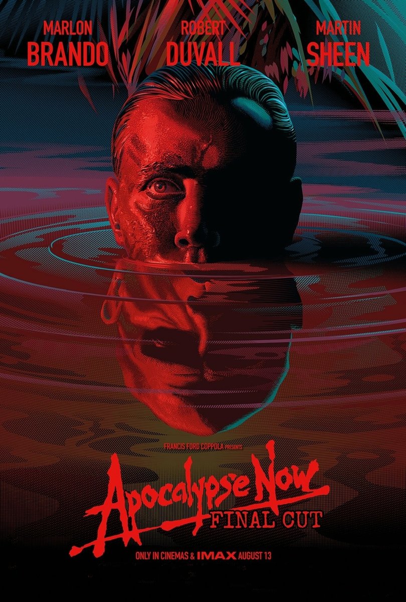 Apocalypse Now Final Cut poster features a red-lit man's face emerging from rippling water beneath tropical leaves.