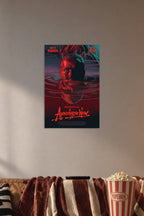 Apocalypse Now Movie Poster in a cozy movie room above a brown sofa with popcorn.