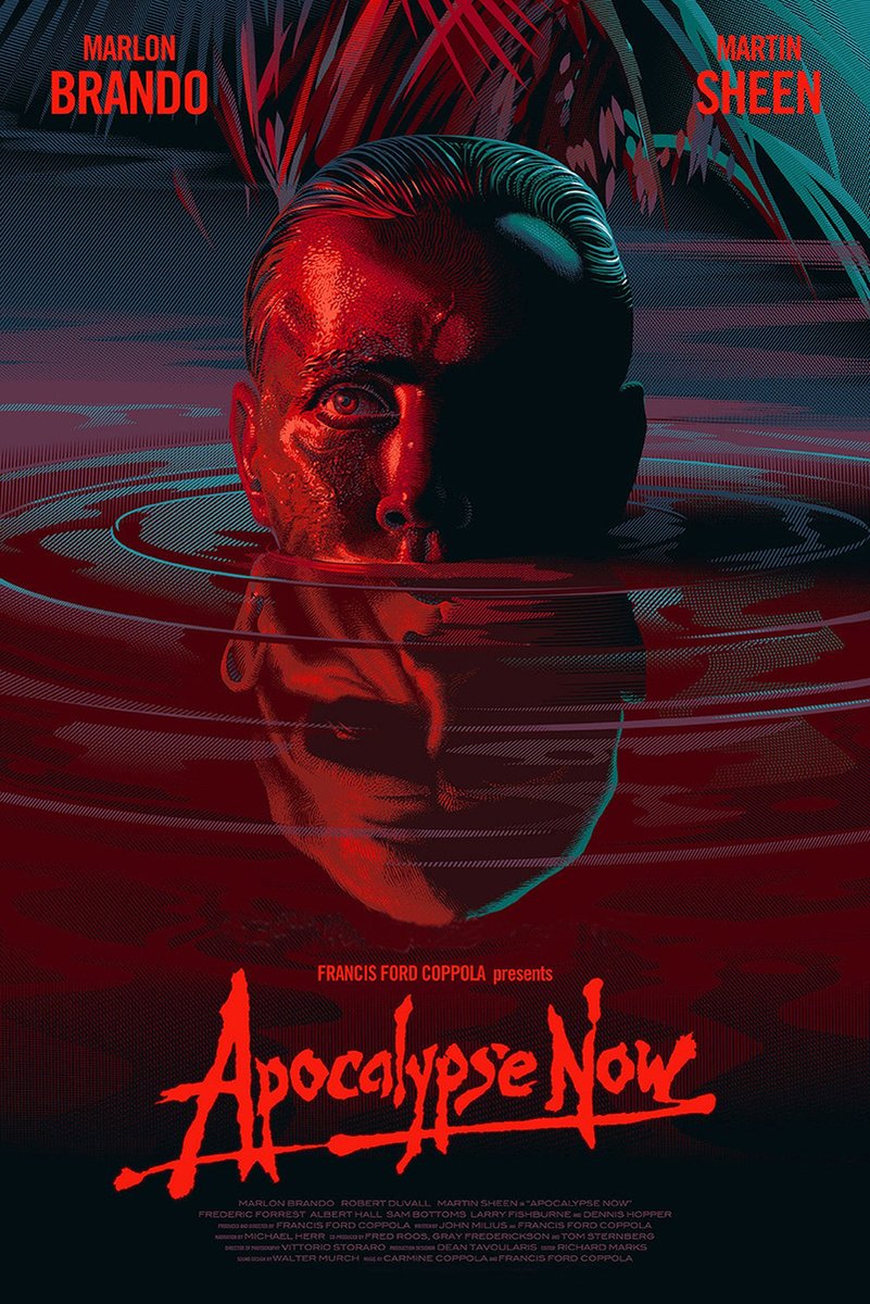 Apocalypse Now movie poster wall art depicts a man's red-lit face half submerged in rippling teal and crimson water.