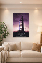 Apollo 11 Rocket Launch in a bright living room above a beige sofa.