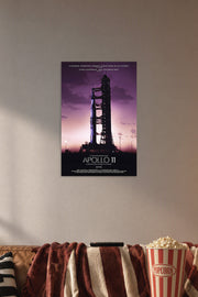 Apollo 11 Rocket Launch in a cozy movie room above a brown sofa with popcorn.