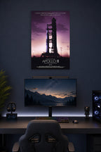 Apollo 11 Rocket Launch in a gaming desk setup above a monitor.