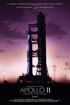 Apollo 11 poster features a Saturn V rocket and launch tower silhouetted against a purple-pink dusk sky, with film text below.