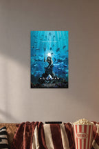 Aquaman Movie Poster in a cozy movie room above a brown sofa with popcorn.