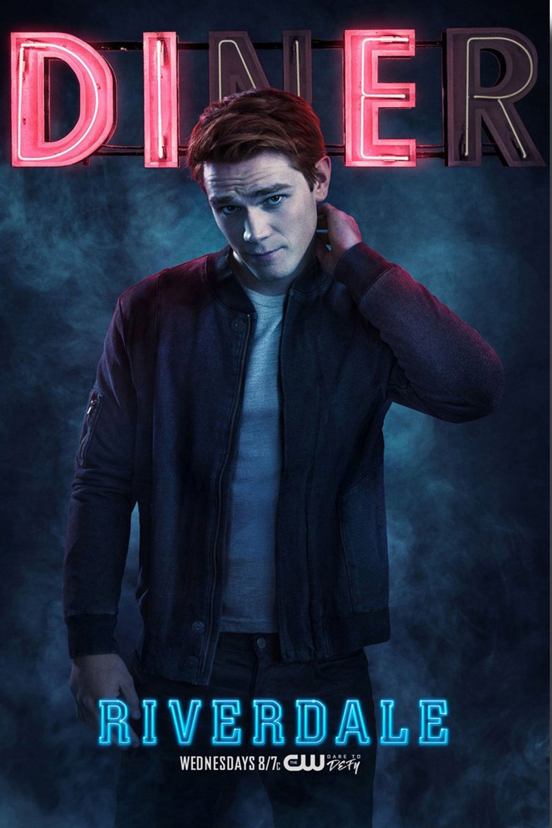 Archie Andrews Riverdale wall art print featuring a pensive red-haired man, glowing pink diner lettering, and a smoky blue backdrop.