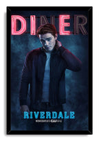 Archie Andrews Riverdale framed wall art print with a black border, neon DINER sign, and blue mist around the dark-jacketed man.