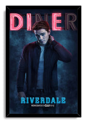 Archie Andrews Riverdale framed wall art print with a black border, neon DINER sign, and blue mist around the dark-jacketed man.