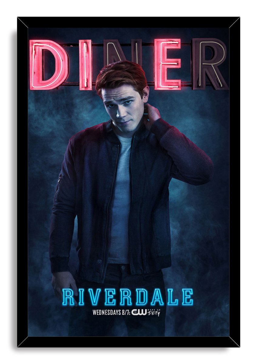 Archie Andrews Riverdale framed wall art print with a black border, neon DINER sign, and blue mist around the dark-jacketed man.