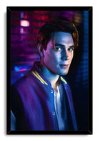 Archie Andrews framed wall art print displays a neon-lit portrait in a black frame on a white background.