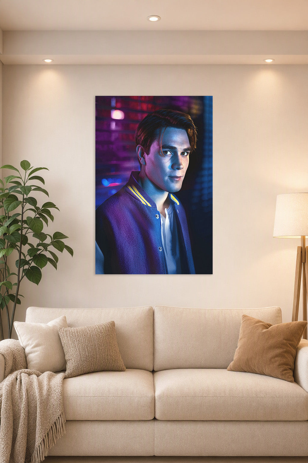 Archie Andrews Riverdale in a bright living room above a beige sofa.