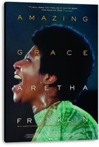 Aretha Franklin Amazing Grace wall art print on canvas features her singing in profile, with gold and white title lettering.