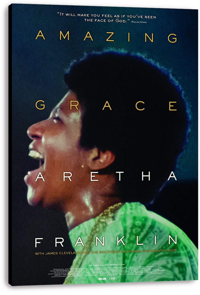 Aretha Franklin Amazing Grace wall art print on canvas features her singing in profile, with gold and white title lettering.