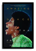 Aretha Franklin Amazing Grace framed wall art print features a profile performance portrait in green robes within a black frame.