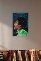 Aretha Franklin Amazing Grace in a cozy movie room above a brown sofa with popcorn.