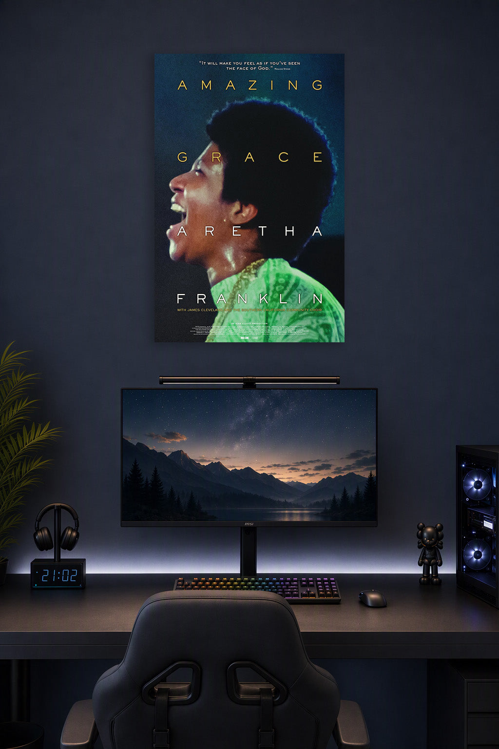 Aretha Franklin Amazing Grace in a gaming desk setup above a monitor.