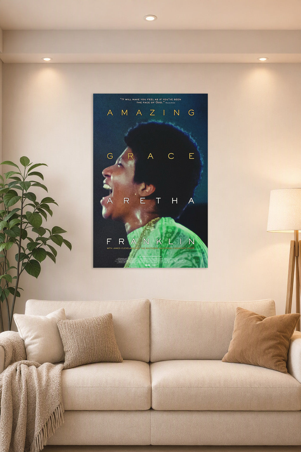 Aretha Franklin Amazing Grace in a bright living room above a beige sofa.