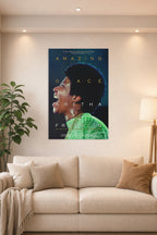 Aretha Franklin Amazing Grace in a bright living room above a beige sofa.