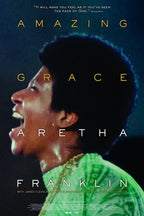 Aretha Franklin Amazing Grace poster features the singer in profile singing, wearing a vivid green robe against dark blue.