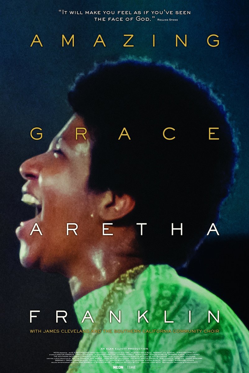 Aretha Franklin Amazing Grace poster features the singer in profile singing, wearing a vivid green robe against dark blue.