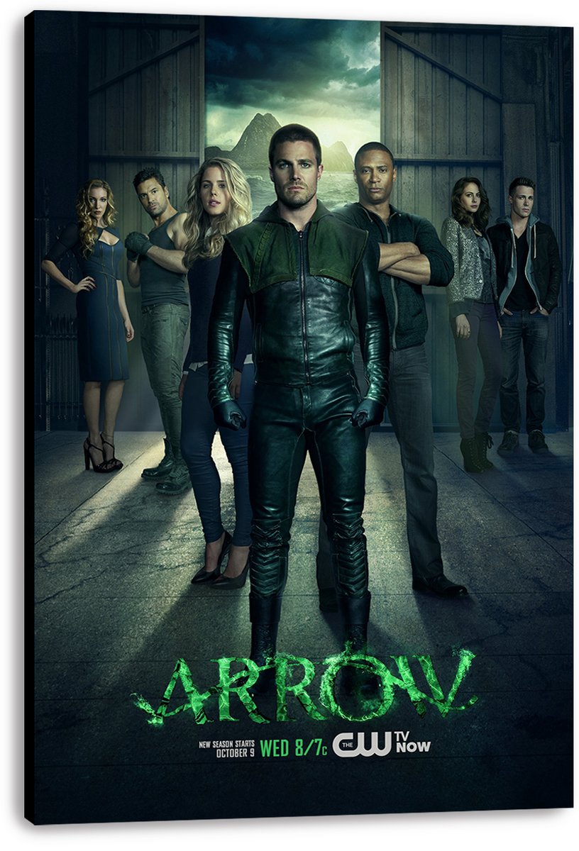 Arrow canvas wall art print displays Oliver Queen and the ensemble cast standing in a shadowy doorway, with a green title below.