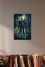 Arrow TV Series Cast in a cozy movie room above a brown sofa with popcorn.