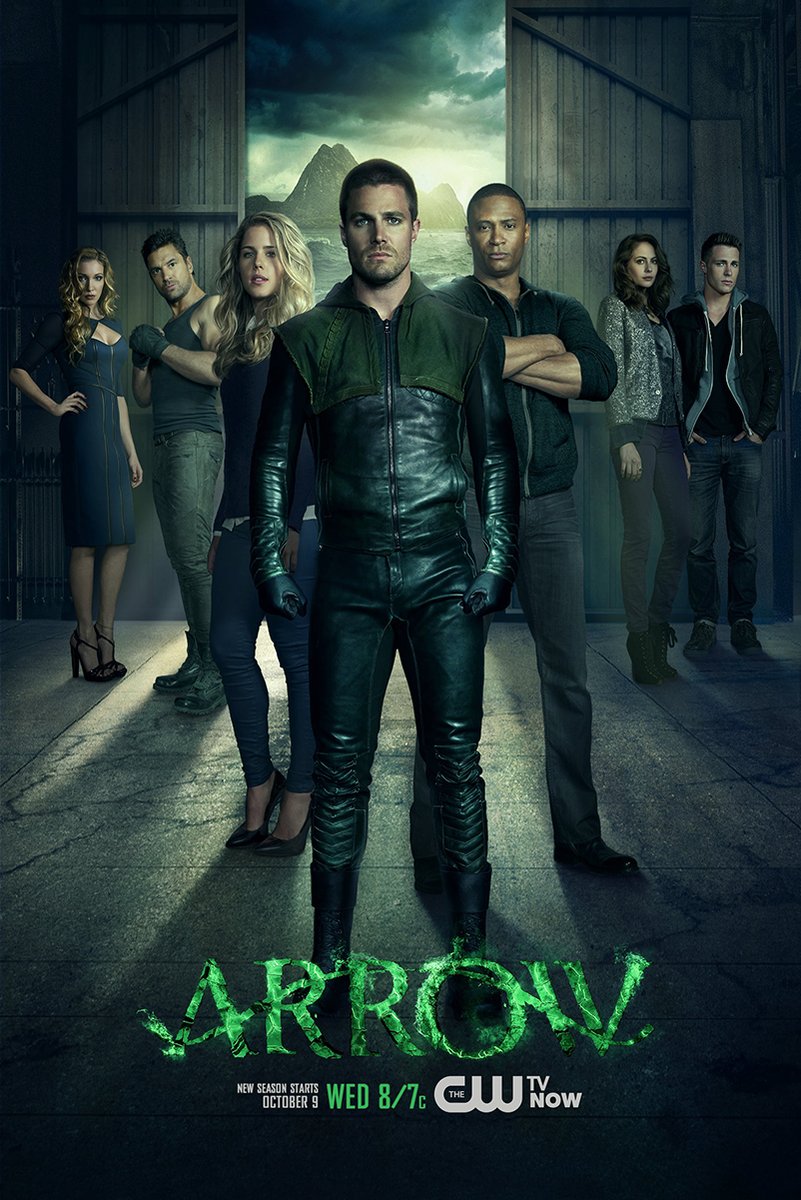 Arrow poster features Oliver Queen in a dark green leather suit with six cast members before open doors and stormy mountains.